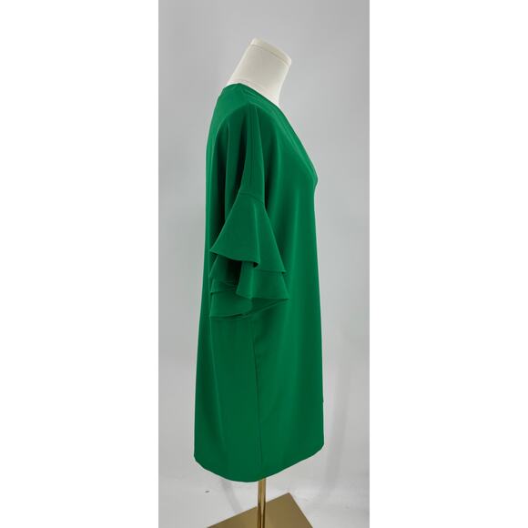 Zara Green Shift Dress XL Ruffle Pullover V neck Knee Length - Picture 4 of 10